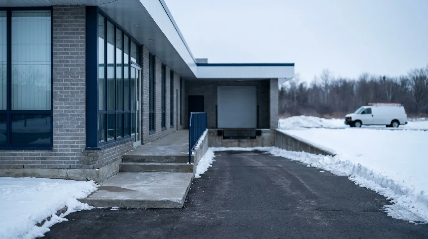 A cleared entrance and loading dock at a small Ontario commercial building in winter