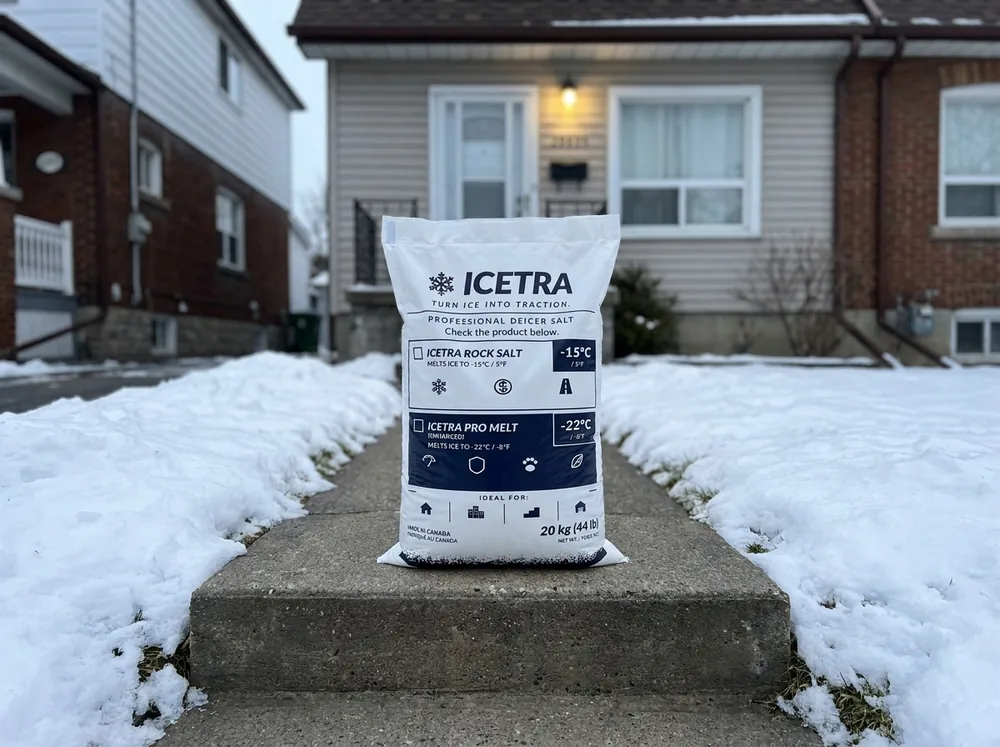 A 20 kg bag of ICETRA on the cleared front step of a Hamilton semi-detached house